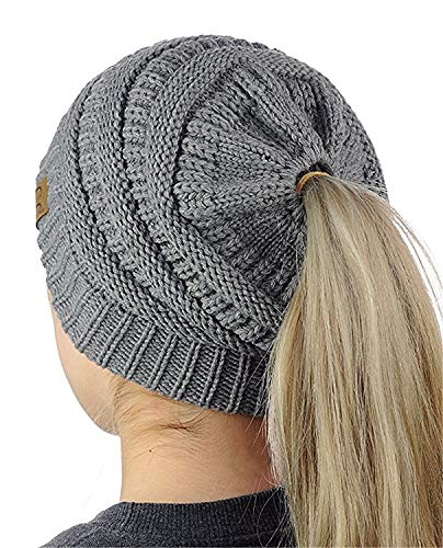 WEKNOWU Sombrero de Mujer, Soft Stretch Cable Knit Messy High Bun Ponytail Beanie Hat (Gris Oscuro)