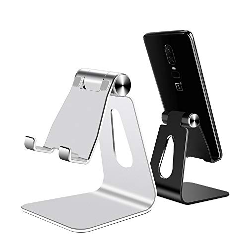 WEYO 2 Pack Soporte Móvil Mesa-Negro+Plata, Multiángulo Ajustable Soporte Móvil Escritorio - Soporte Dock Base Aluminio para iPhone 11 Pro MAX XS MAX XR Samsung Huawei iPad Android