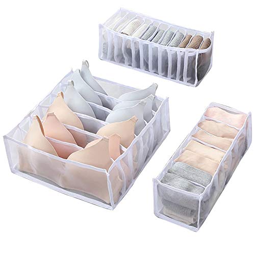 Wishstar Organizador Cajones Ropa Interior, Organizador Calcetines, Cajas Organizadoras Cajones, Juego de 3 Cajas Plegable Organizador para Ropa Interior, Bra, Calcetines(Blanco)