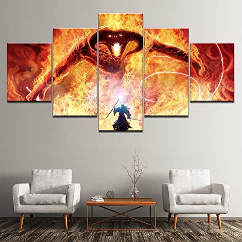 XLST 5 Paneles Gandalf Lucha El dragón Pintura Mural El Señor de los Anillos Balrog Película Imágenes para Sala de Estar Decoración,A,30X40X230X60X230X80X1