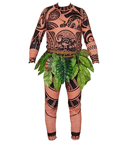 xuemegongsi Adulto Hombres Mujeres Bebé Niños Moana Maui Tatuaje Camiseta/Pantalones Conjunto Falda De Hoja Traje Cosplay Trajes a Juego De La Familia (Niños, 2XL)