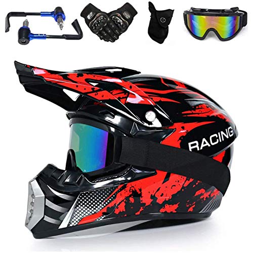 YASE Casco de Motocross para Hombre y Mujer con Guardamanos de Metal Gafas Guantes Mascarilla, Casco de Moto Cross Integral Enduro Integrales para Motocicleta Bici Deportes (Rot Drache,XL 58-59CM)