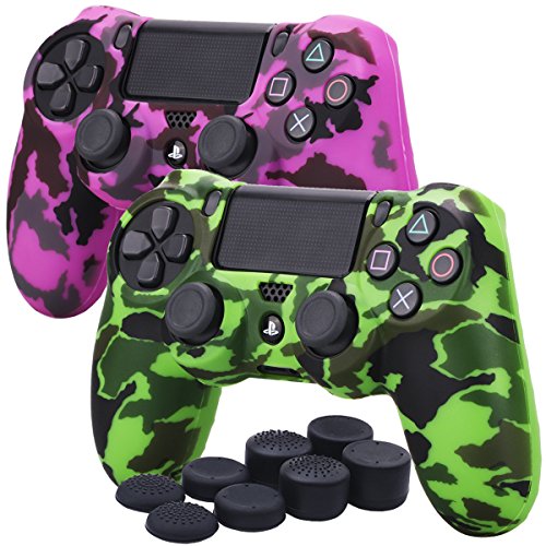 YoRHa Transferencia de agua camuflaje de impresión silicona caso piel Fundas protectores cubierta para Sony PS4/slim/Pro Mando x 2(verde + rosa oscuro) Con PRO los puños pulgar thumb gripsx 8