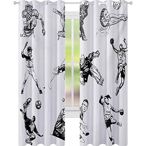 YUAZHOQI Olimpiadas cortinas opacas para dormitorio, baloncesto, voleibol, críquet, tenis, atletas, ilustración, 52 x 274 cm, cortinas decorativas para sala de estar, color negro y blanco