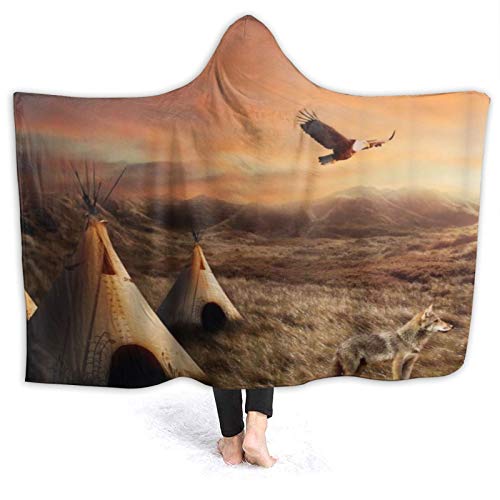 YUDILINSA Manta con Capucha，Tribal Tema Occidental Tribus nativas Americanas Paisaje Natural Carpa Desierto Atardecer Colina Águila Lobo，Suave Siesta ponible Mantas de Viaje/Vacaciones/Casual 50x40