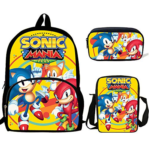 YUNMEI Sonic Juguetes Sonic The Hedgehog Mochilas con Estampado Mochila para niños Mochila Escolar Mochila Niños / niñas Conjunto de Hombro Diario Lápiz Croobody