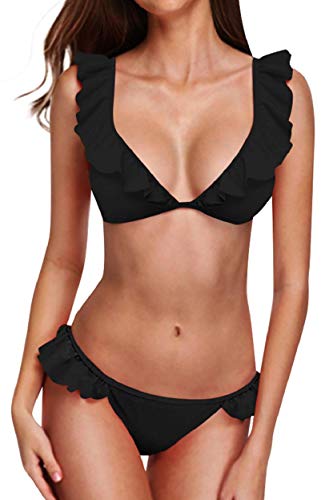 Yuson Girl Bikini para mujer con volantes, favorecedor, traje de baño de dos piezas, ropa de baño, ropa de playa, juego de bikini para mujer, verano a rayas, traje de baño monokini Negro S