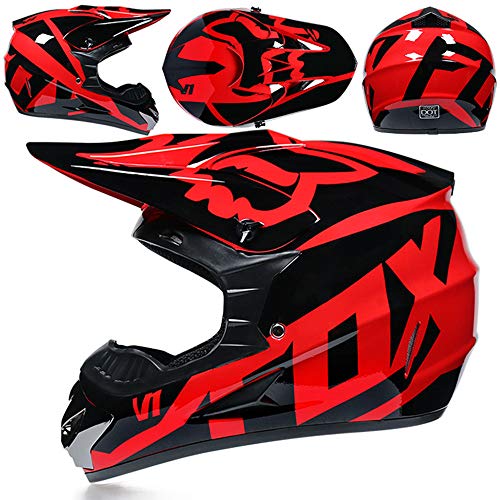 ZYW Motocross Casco + Guantes + Gafas MX Quad ATV Deportes Enduro Anticolisión Casco De ECE 22.05 Certificación,Rojo,M