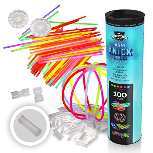 100 Pulseras luminosas, luces plegables, varillas luminosas, pulseras, Incluye 100 conectores de 3 dimensiones (2D), 2 conectores circulares de calidad profesional.