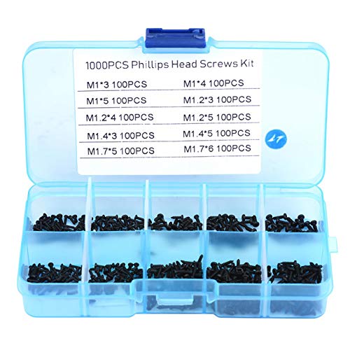 1000 piezas pequeños tornillos cruzados negros, M1 M1.2 M1.4 M1.7 tornillos de cabeza plana autoperforantes con caja de plástico para reparación