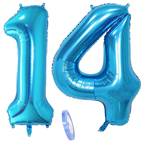 2 globos numeros 14, número 14 azul niñas niño infantil ,40" figuras globo inflable gigante grande de papel de helio number globo azules para cumpleaños 14 años niños decoración de fiesta (xxxl 100cm)