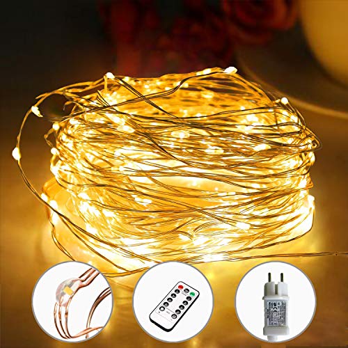 [220 LED] Cadena de luces, 25 m, 8 modos, exterior, resistente al agua, cobre, cadena de luces con temporizador remoto para dormitorio, muebles de balcón, fiesta, Navidad (blanco cálido)