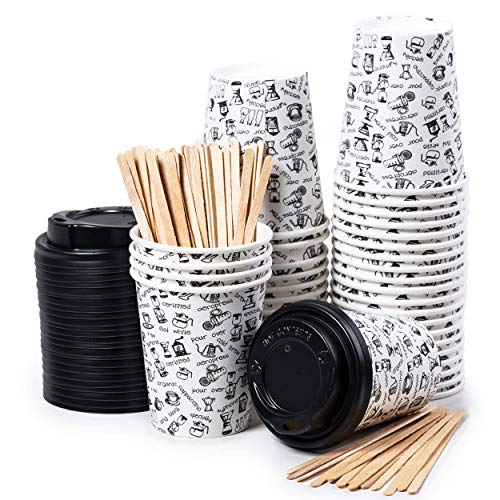 40 Vasos Desechables de Café para Llevar - Vasos Carton 240 ml con Tapas y Agitadores de Madera para Servir el Café, el Té, Bebidas Calientes y Frías