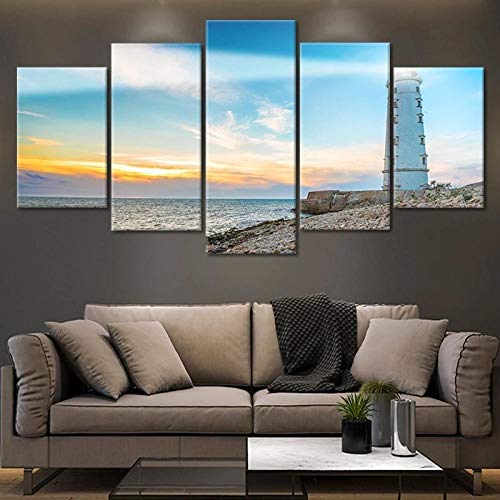 5 Piezas De Lienzo De Arte De Pared Faro al Atardecer Cuadros De Lienzo Moderno Giclée para Decoración del Hogar (Tamaño Grande 200 X 100 Cm Sin Marco)