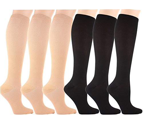 6 Pares Rodilla Alta Calcetines de Compresión - para Hombres y Mujeres (15-20mmHg) Diseño Cómodo Ideales para El Uso Diario, Correr, Embarazo, Vuelos y Viajes de (Negro, Beige, L/XL)