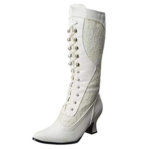 acction Otoño Invierno Zapatos de Punta Puntiaguda de Encaje de Moda para Mujer Zapato Boots de Tubo Medio Shoes Cuero Botines Botas De Callejero Cremallera Lateral Tacones Altos Casual Elegante