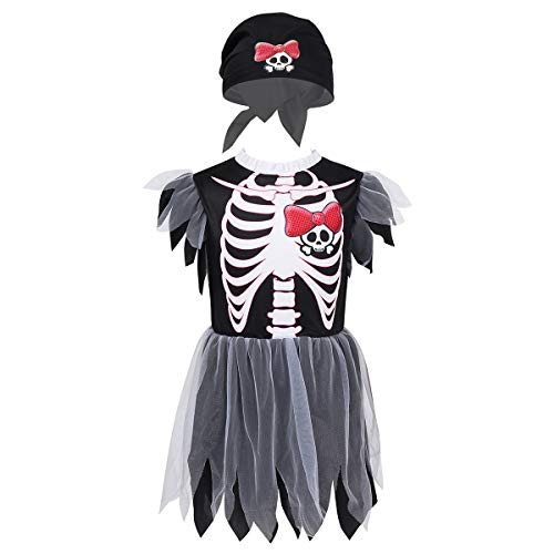 Agoky Disfraz de Pirata Esqueleto para Niña Vestido Tutú de Fantasma Ghost Zombie con Gorro Cosplay rol Dress Up Disfraz para Halloween Fiesta Negro 8-10 Años