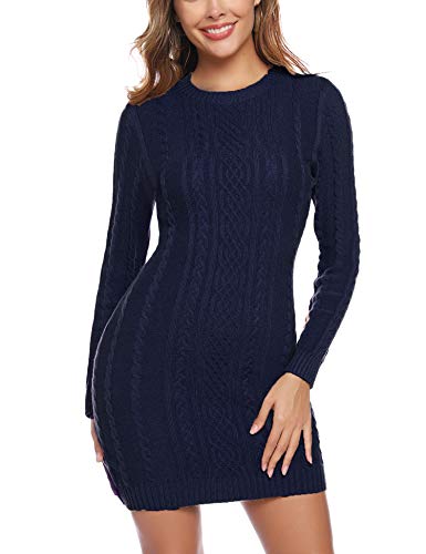 Aibrou Vestido Sueter de Punto Cuello Redondo para Mujer,Elegante Vestido de Suéter Manga Larga Elástico Delgado Clásico,Sexy Jersey Falda de Cadera Armada M