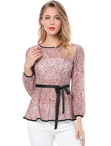 Allegra K Blusa Peplum De Encaje Bicolor con Contraste Cintura Autoajustable para Mujer Rosa XL