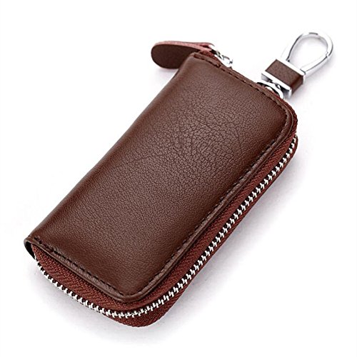 AprinCtempsD Estuche de Llaves Cuero Genuino Cartera de Llavero Moto Piel Anillo Clave Cremallera para Unisexo Mujer Hombre (Marrón)