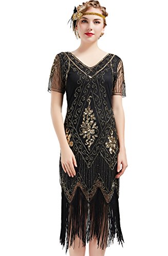 ArtiDeco - Vestido de mujer estilo años 20 con mangas cortas, disfraz de Gatsby para fiestas temáticas negro y dorado M