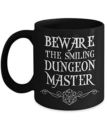Beware the Smiling Dungeon Master Mug for Boyfriend Fan Gift for DND Gamer Player Funny Black Tea Cup DM Gag Gifts for Men and Women