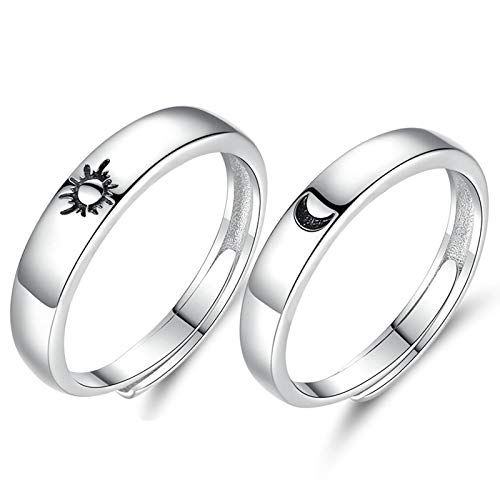 Beydodo 2 PCS Anillo Pareja Ajustable Plata de Ley Redondo Grabado Luna Sol Anillos de Compromiso de Plata