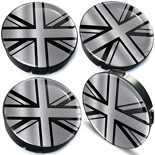 Biomar Labs® 4 x 60mm Universal Tapas de Rueda de Centro Tapacubos para Coche Bandera Nacional del Reino Unido UK United Kingdom GB Union Jack Plata Negro C 110