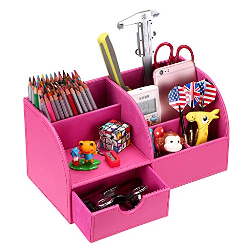 BTSKY Organizador de Escritorio de Piel Sintética Multifuncional Caja de Escribanía Mesa con 7 Compartimientos para Oficina Hogar , Color Rosa