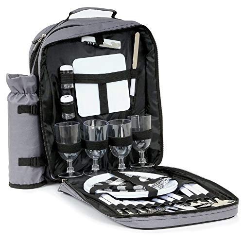 CampFeuer Mochila de Picnic I 1-4 Personas I 31 PIEZAS I Color Gris I Soporte para Botellas I Térmica I Vajilla y Cubiertos