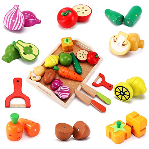 CARLORBO Juguetes de Madera Comida para niños Cocina -Jugar Comida Cortar Frutas y Verduras Preparado para Juegos de rol de simulación,Regalo para niños pequeños a Partir de 3 años