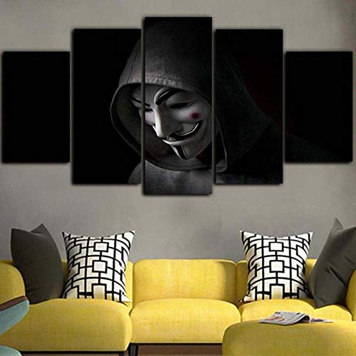 Cinco módulos Lona pinturas decorativas200x100CM Máscara de Fawkes Anonymous V para la película Vendetta Impresiones del Arte de la Pared Cartel Decoración del hogar Lienzo Cuadros modulares para Sala