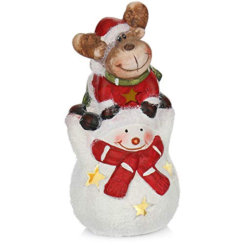 com-four® muñeco de Nieve con Reno Fabricado en cerámica - Figura Decorativa navideña para Estar de pie con iluminación LED - Figura Decorativa para Navidad (01 Pieza - Reno y muñeco de Nieve)