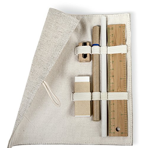 Compras Geschenkartikel estuche de yute y algodón Madera botón cierre 15 cm Bambú Regla Lápiz Bolígrafo Madera Sacapuntas goma de borrar