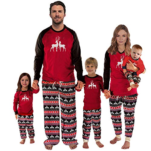 Conjunto de Pijamas Familiares de Navidad Manga Larga Familia Juego Homewear Copo de Nieve Ciervos Impresión 2 Piezas Ropa de Dormir para Papá Mamá y Bebés Pantalon y Top