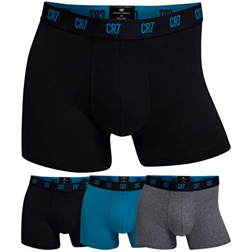 CR7 CRISTIANO RONALDO - Basic - Bóxers Ajustados para Hombre - Pack de 3 - Azul/Melange/Negro - S