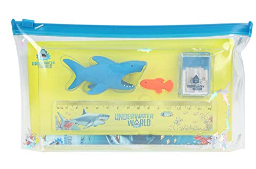 Depesche Dino World Underwater 7838 - Juego de bolígrafos (22,9 x 12,8 x 2,6 cm, 6 Piezas, Incluye lápiz, Goma de borrar, Regla y sacapuntas