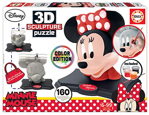 Educa - 3D Sculpture Puzzle Minnie Mouse, Montar y pintar, Incluye pinturas y pincel, +6 años (17930)