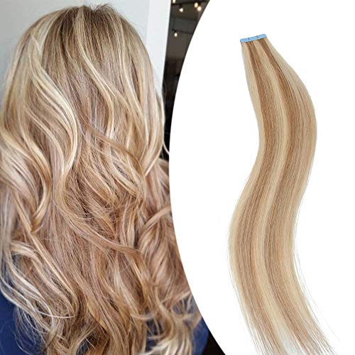 Elailite Extensiones Adhesivas Pelo Natural Balayage Cabello Humano Liso 60g 100% Remy Tape Invisible 20 Piezas Gruesas Largas 50cm #18P613 Ash Rubio/Rubio Muy Claro