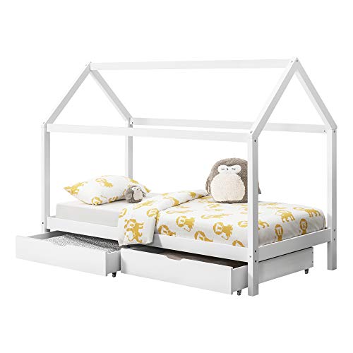 [en.casa] Cama para niños de Madera Pino con 2 Almacenamientos 200 x 90 cm Cama Infantil Forma de casa Blanco Mate