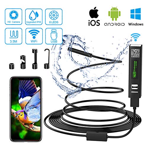 Endoscopio para Android iPhone WiFi USB Camara Inspeccion 2.0 Mega Pixeles 1200P HD Boroscopio Movil IP68 Endoscopio Portatil para iOS Android Smartphone Tableta