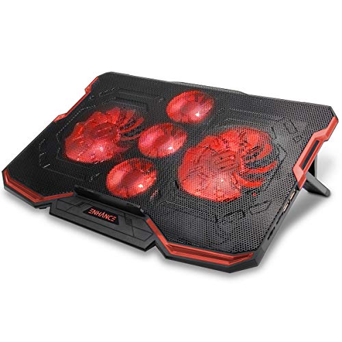 ENHANCE Cryogen Base de Refrigeración Gaming para Portátiles con 5 Ventiladores Silenciosos, Ángulos Ajustables, 2 Puertos USB - Se Adapta a Laptops de hasta 43.2 cm - Iluminación LED Rojo