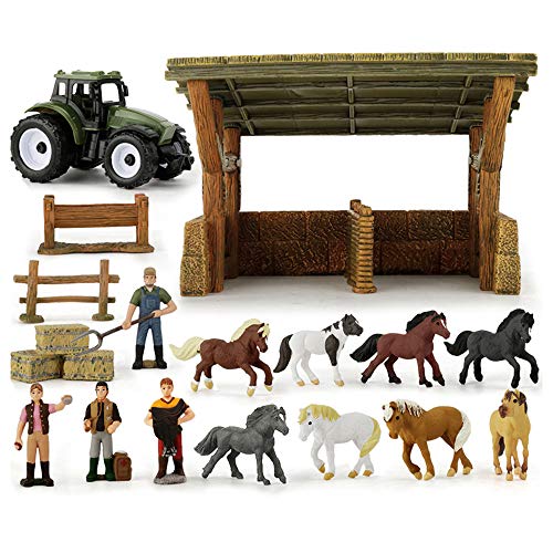 Establo de Caballos Playset Juguetes Paddock para Niños y Niñas y Arriba Casa de Muñecas Simulación Animal Racecourse Set Mesa de Arena Incluye 8 Caballos