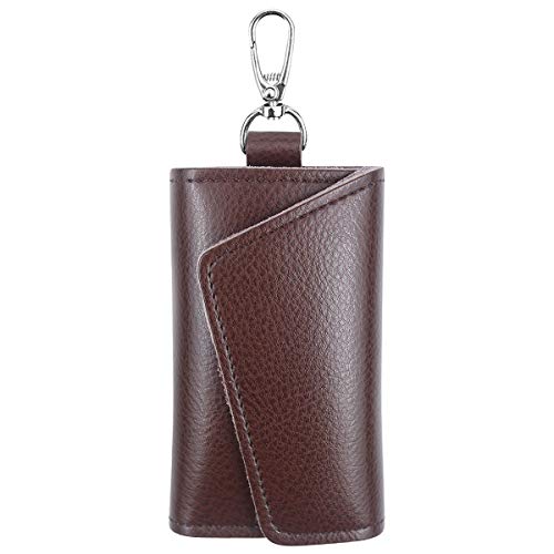 Estuche de Llaves, Llaveros de Piel Portallaves de Cuero, Slim Compacto Llavero de Cartera con 6 Ganchos para Hombres Mujeres Unisexo - Marrón