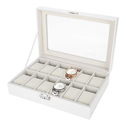 Estuche organizador de caja de reloj, Estuche y organizador de reloj de cuero PU de 12 rejillas para hombres y mujeres, Estuche organizador de caja de reloj con tapa de vidrio, Blanco