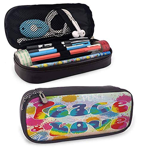 Estuche para lápices de fiesta de los años 70 Paz y amor Tie Dye Funky Color Splashes Arco iris Arte artístico abstracto Escuela secundaria, estuche para lápices universitarios