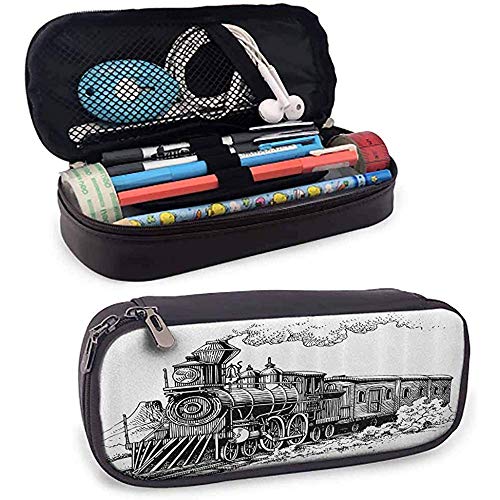 Estuche para lápices Funda para bolsa Rústico Tren antiguo en país Locomotora Vagones de madera en carretera con humo Blanco y negro