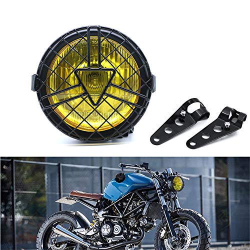 evomosa Faro Universal para Motocicleta, Faro Halógeno de 6'' con Cubierta de Pantalla Retro para Cafe Racer Bobber Chopper CG125 GN125 (Amarillo)