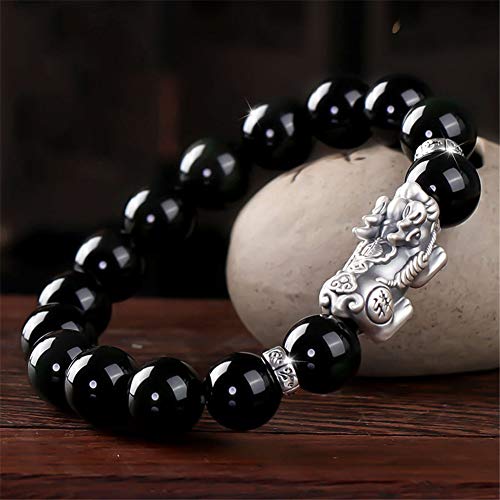 Feng shui pixiu pulsera 925 puro plateado pi yao obsidiana con cuentas brazalete energía curación riqueza pulsera sanskrit talisman natural cristal amuleto para prosperidad suerte dinero,8mm