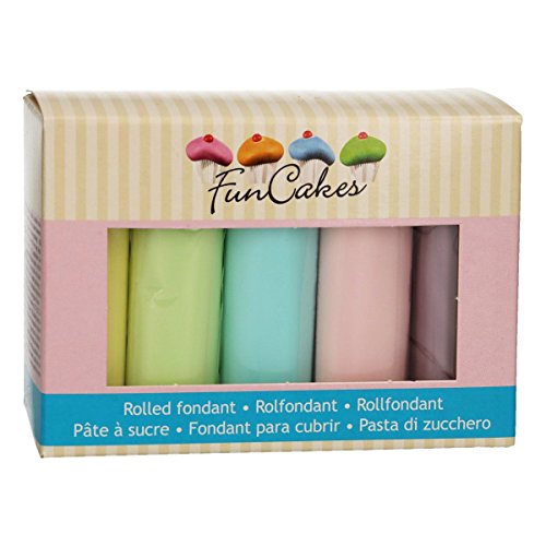 FunCakes Fondant Multipack Colores Pastel Suave, Flexible, , Halal, Kosher y sin Gluten. 5 colores: Amarillo, Rosa, Verde, Azul, Lila. 5 x 100 g